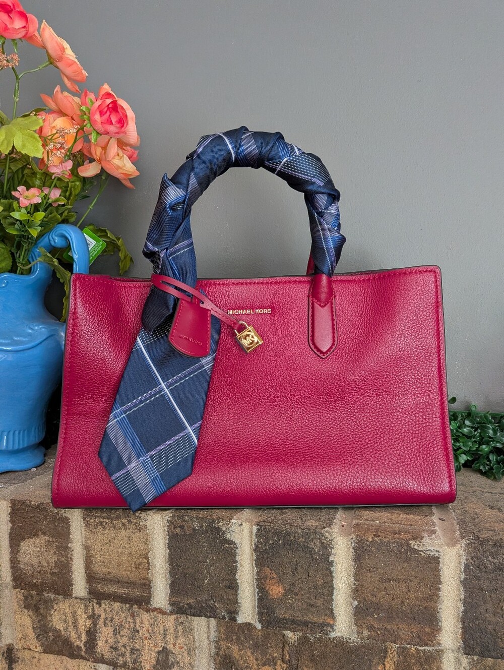 Michael Kors deep Cherry Red Leather Tote with Navy Scarf Accent